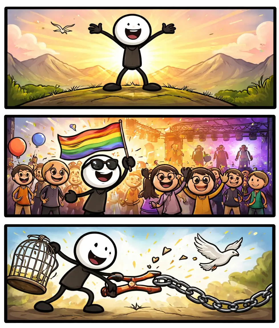 Drie panelen met een stickman in Toonwords-stijl die Vrijheid toont door open ruimte, samen vieren en het losbreken van ketens.