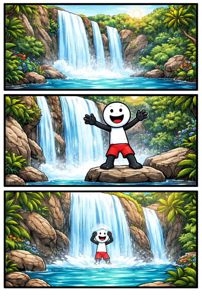 Drie-panelen stripafbeelding van een stickman bij een waterval, gezien vanuit verschillende standpunten in een natuurlijke omgeving.