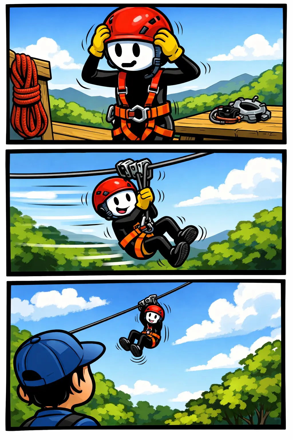 Stickman met witte kop en zwart lichaam glijdt via een zipline hoog boven de grond.