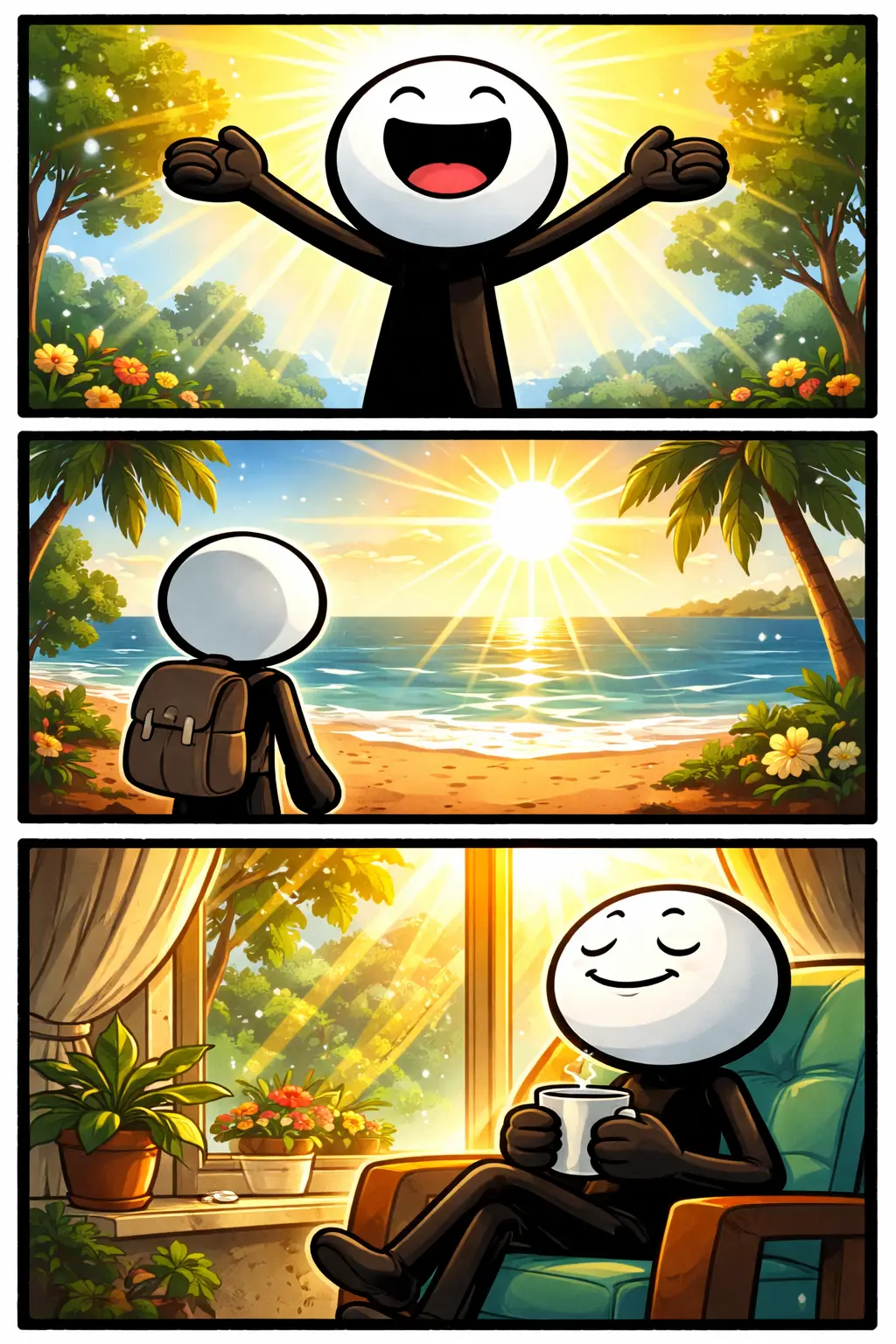Stickman in Toonwords-stijl met witte kop en zwart lichaam die in drie scènes zonlicht ervaart met verschillende camerastandpunten.