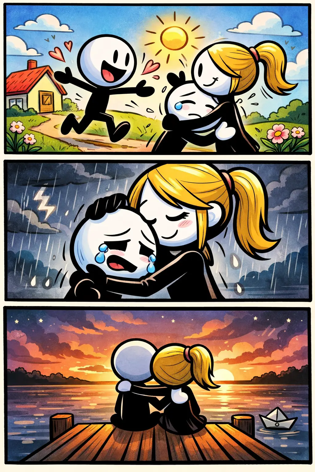 Stripafbeelding van een stickman in Toonwords-stijl die een zus uitbeeldt, met het woord “Zus” als centraal thema.