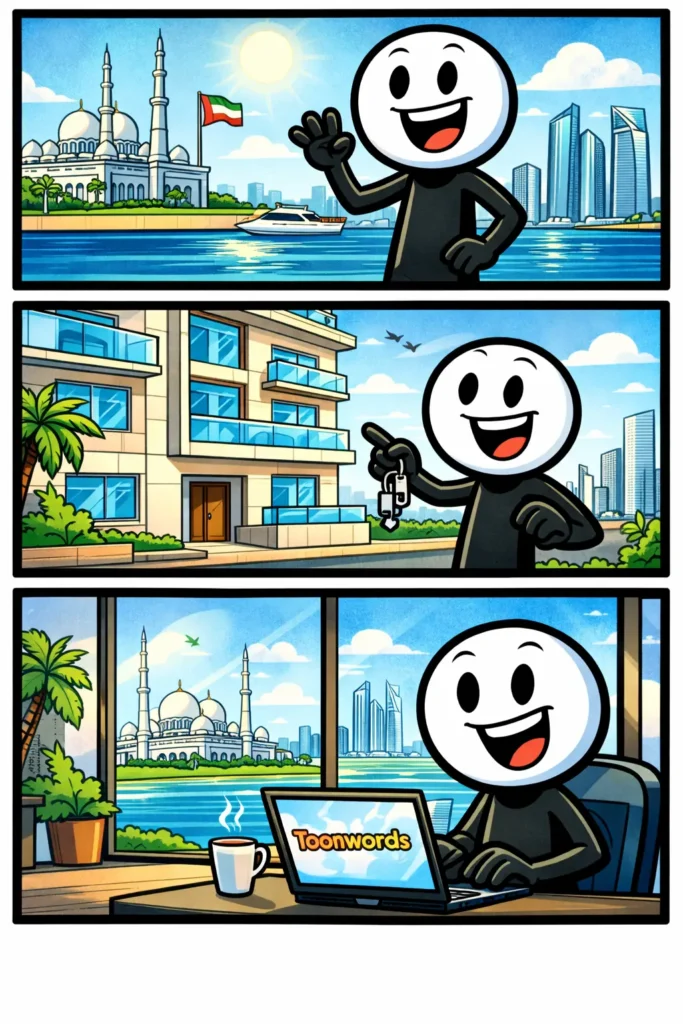 Afbeelding van Abu Dhabi met moderne gebouwen en woestijnsfeer voor het woord Abu Dhabi.