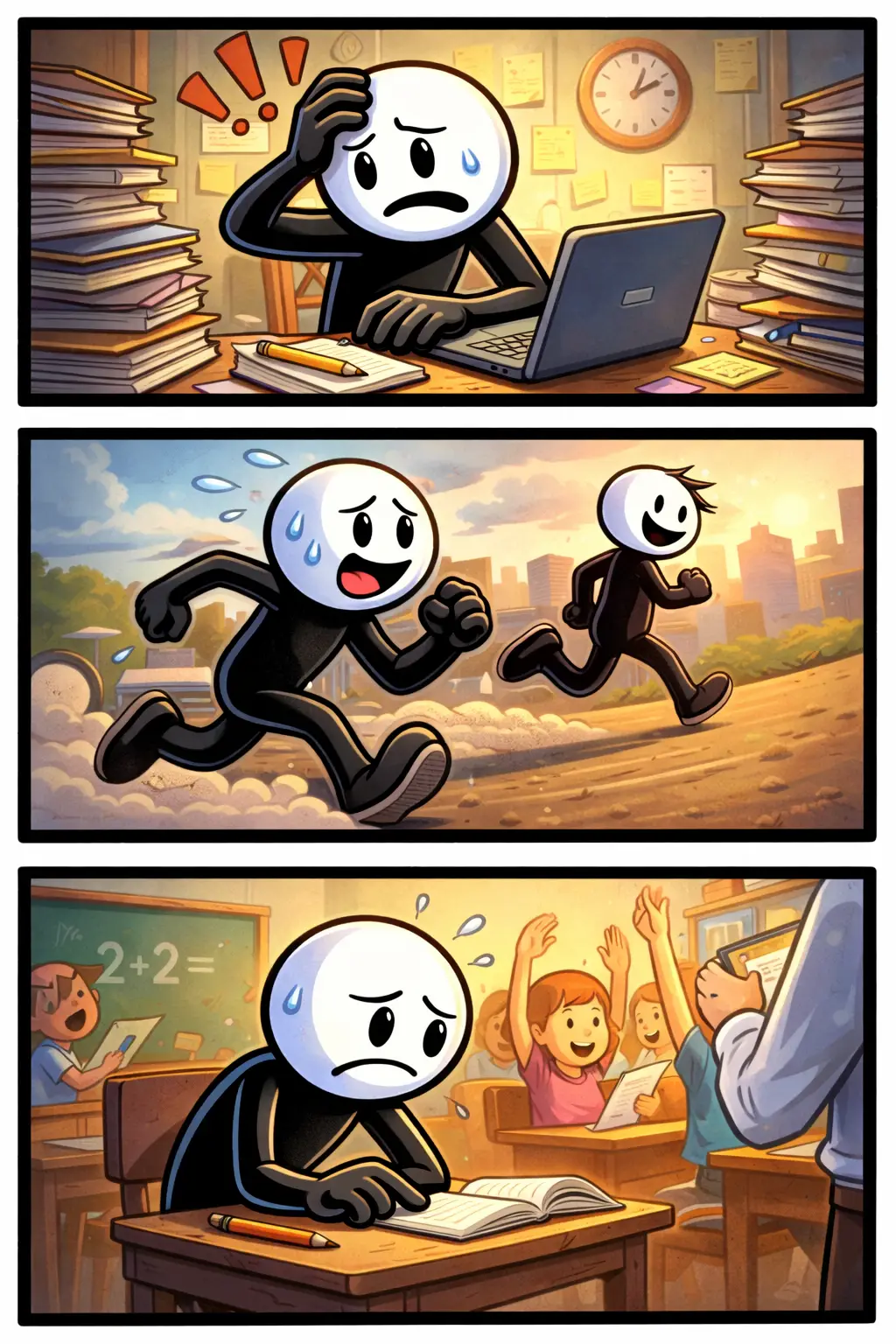 Stickman die in drie situaties duidelijk te maken heeft met een achterstand en moeite heeft om bij te blijven.