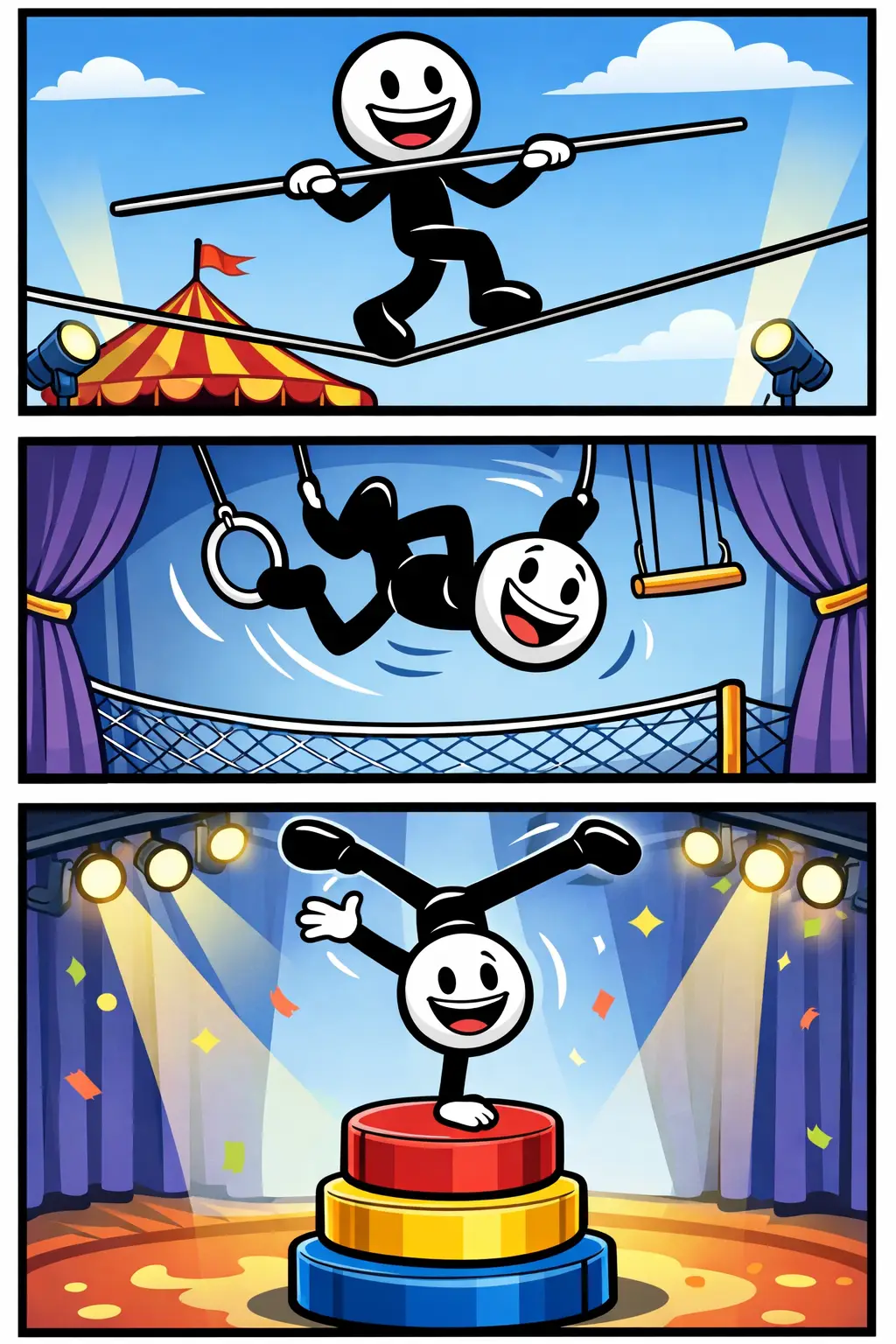 Afbeelding van een acrobaat als stickman in Toonwords-stijl die acrobatische bewegingen uitvoert.