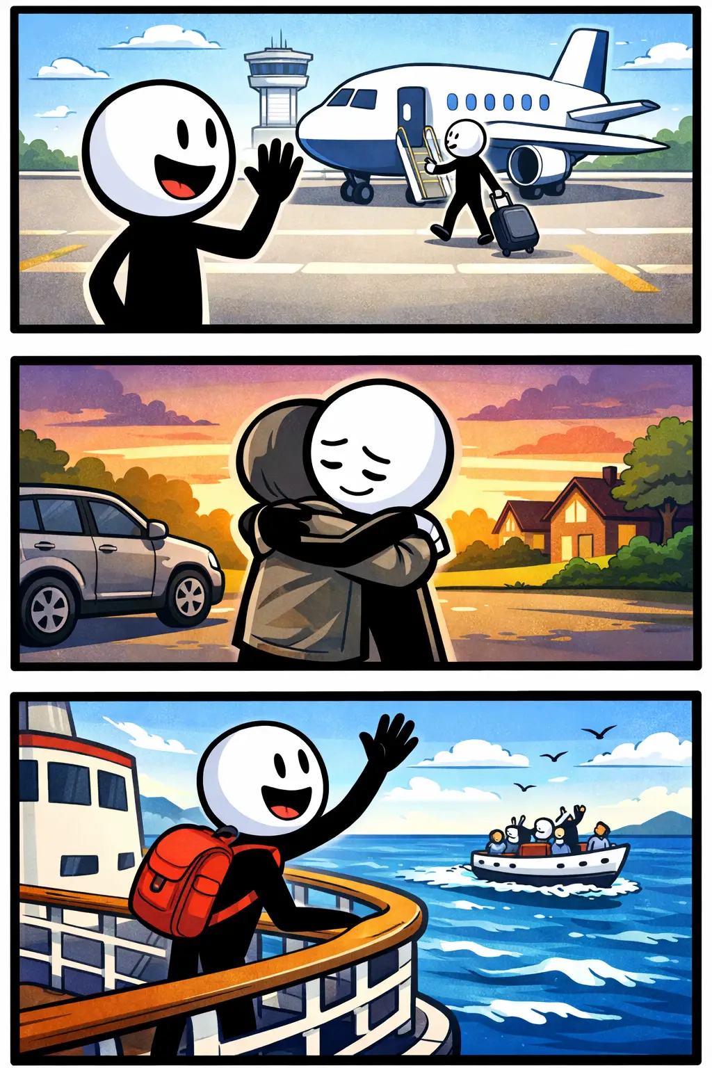 Stickman die een afscheidsmoment beleeft in drie scènes, passend bij het woord afscheid.