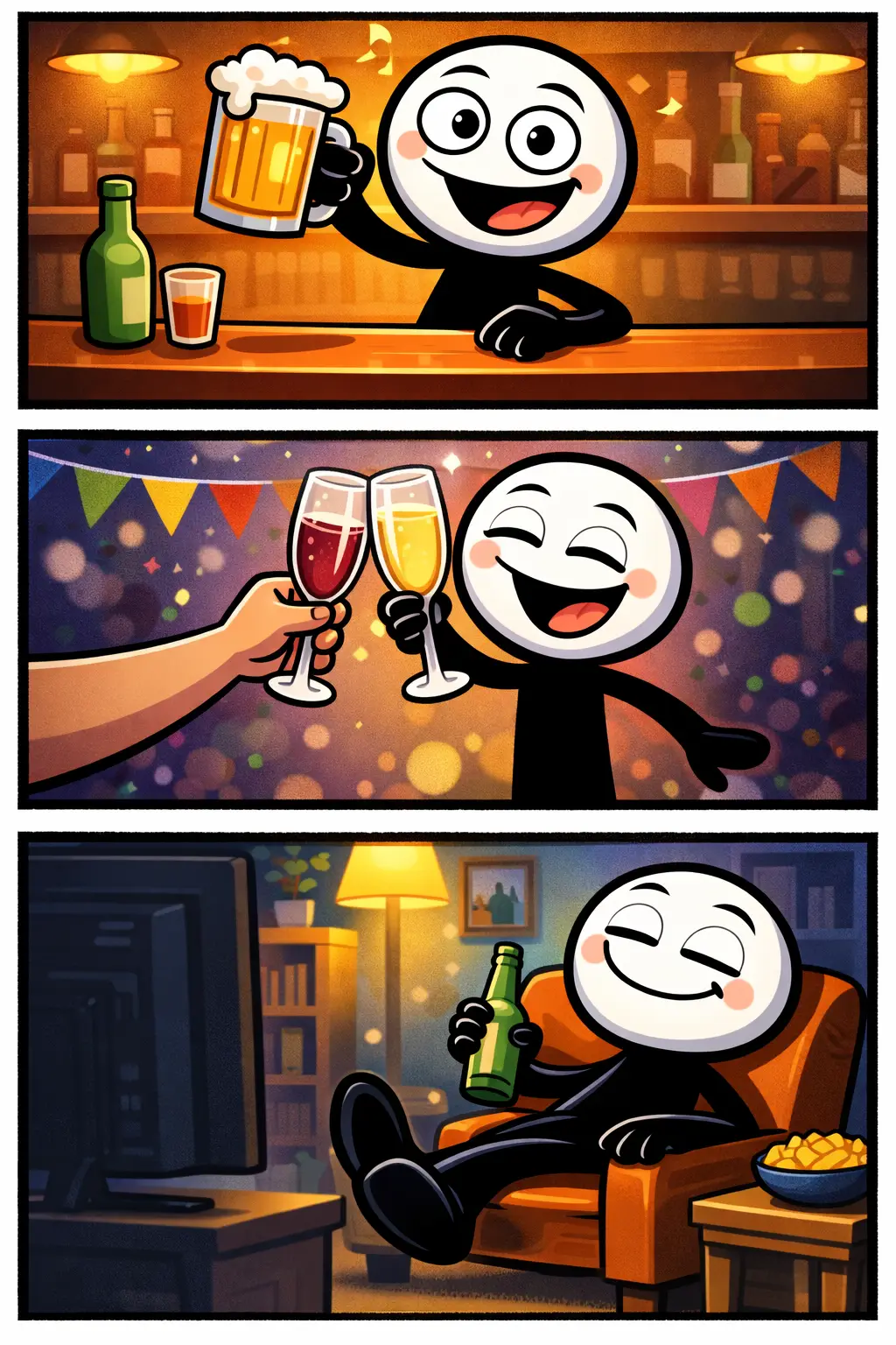 Stickman in drie panelen die Alcohol uitbeeldt door een glas te heffen in een bar, te proosten op een feest en ontspannen met een fles in een woonkamer.