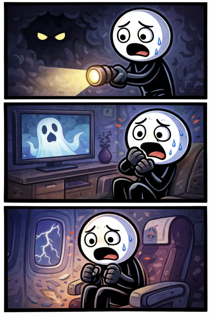 Stripafbeelding van een geschrokken stickman in drie verschillende situaties die het gevoel van angst laten zien.