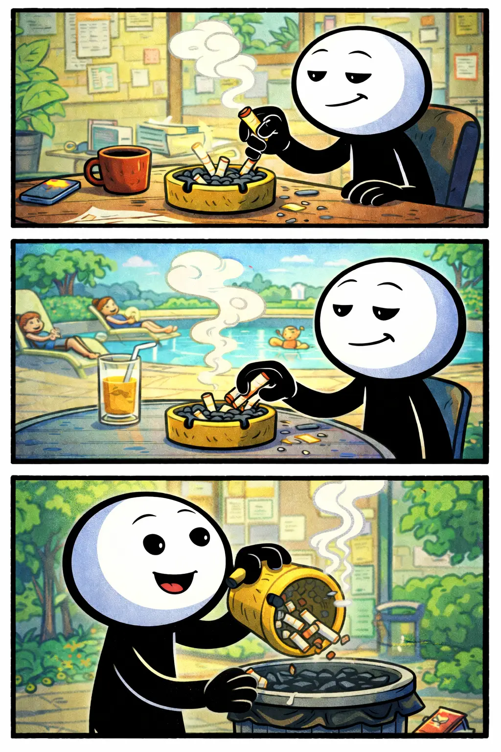 Stickman in drie panelen die een asbak gebruikt en leegt in verschillende omgevingen met duidelijke handelingen.