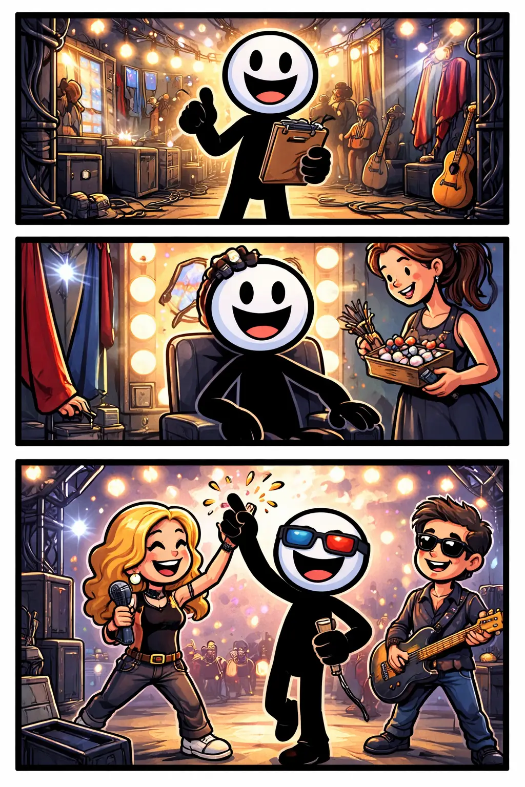 Stripafbeelding van het Toonwords-woord backstage met stickman achter een podium vol apparatuur.