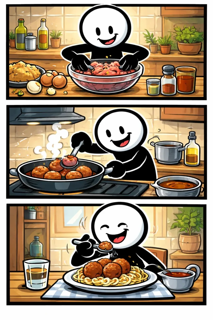 Stripafbeelding van het Toonwords-woord bal gehakt met stickman die gehaktballen maakt en opeet.