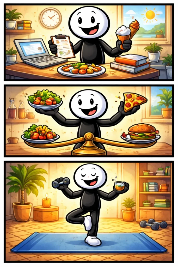 Stickman in drie panelen die balans laat zien door werk, voeding en ontspanning in evenwicht te brengen in Toonwords-stijl.