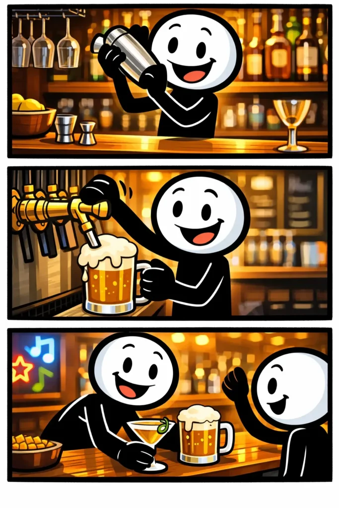 Een Toonwords-afbeelding van een barman die drankjes maakt achter de bar. Herman Pijpers de stickman.