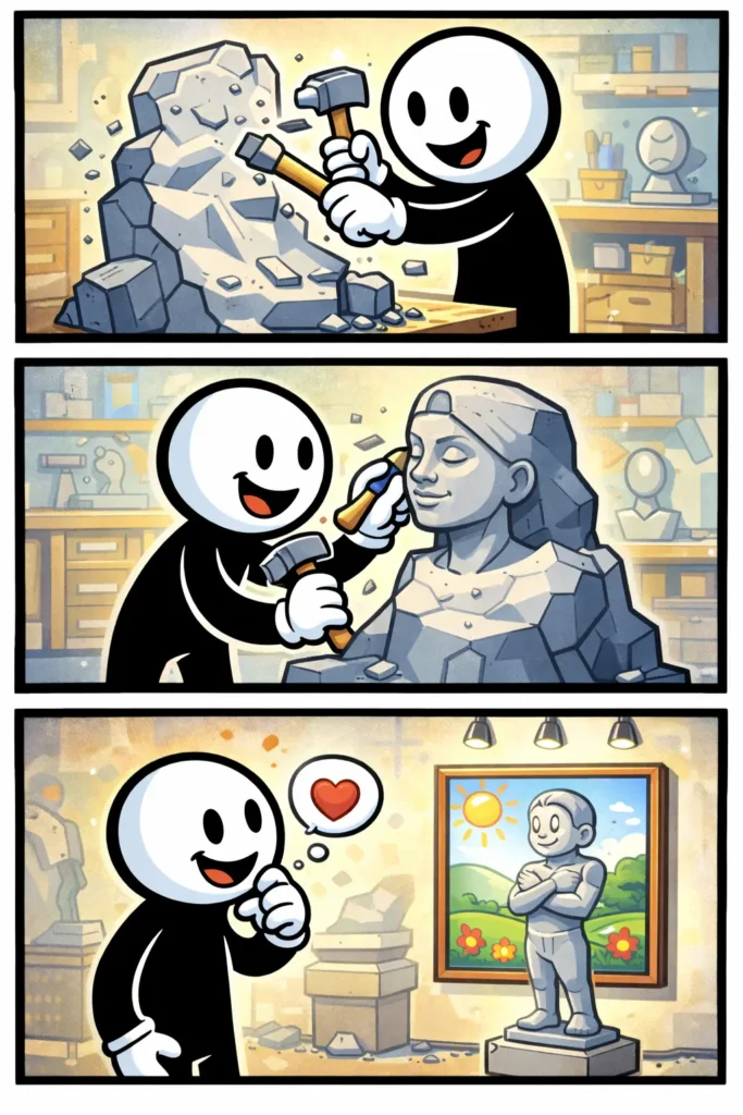 Stripafbeelding van een stickman als beeldhouwer die met hamer en beitel een standbeeld maakt en trots het eindresultaat bekijkt in een atelier.