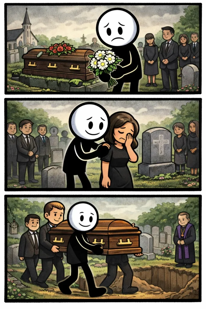 Illustratie van een Toonwords-strip over het woord begrafenis met een stickman in verschillende scènes.