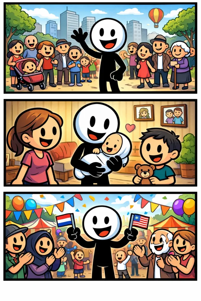 Driepanelige strip met stickman die verschillende groepen mensen toont om het concept bevolking visueel uit te leggen.