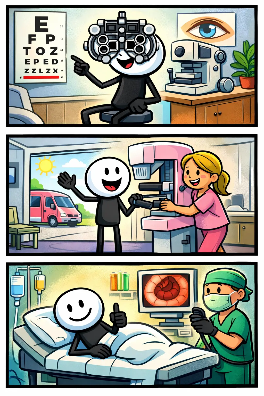 Een Toonwords-stickman die het thema bevolkingsonderzoek uitbeeldt binnen drie medische scènes.