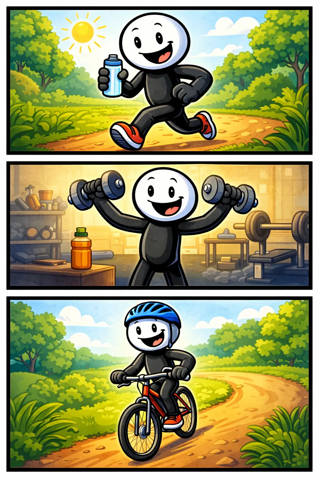 Stickman in drie panelen die beweging laat zien door joggen, sporten en fietsen in kleurrijke Toonwords-stijl.