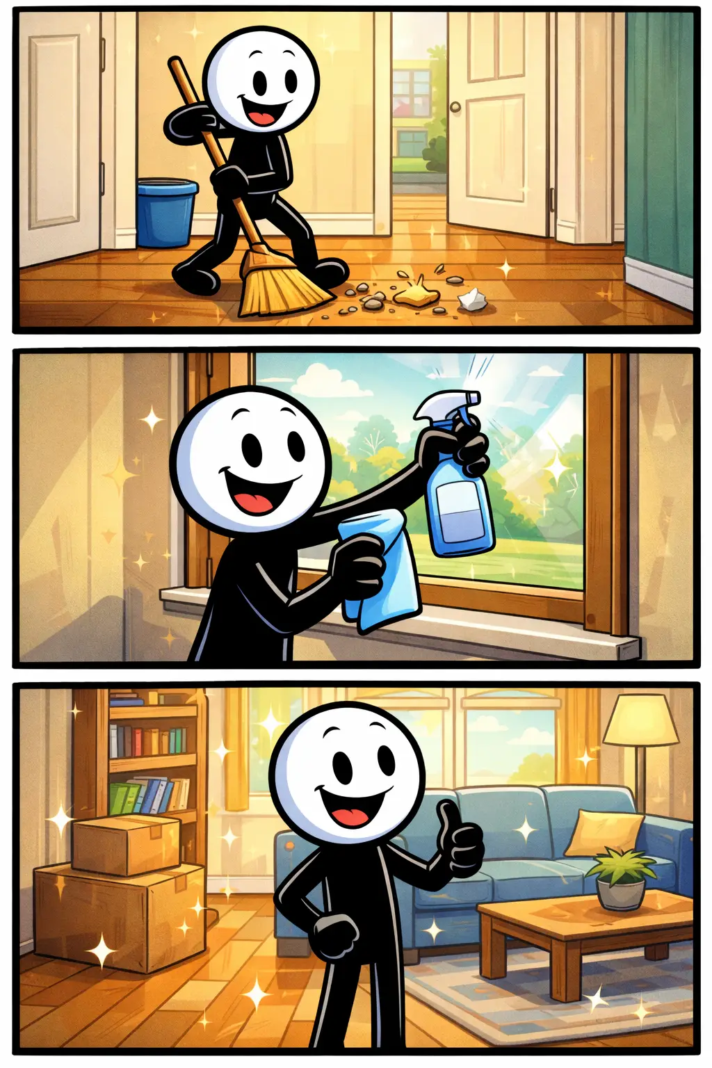 Bezemschoon gemaakte kamer met stickman die schoonmaakt en tevreden het resultaat bekijkt.