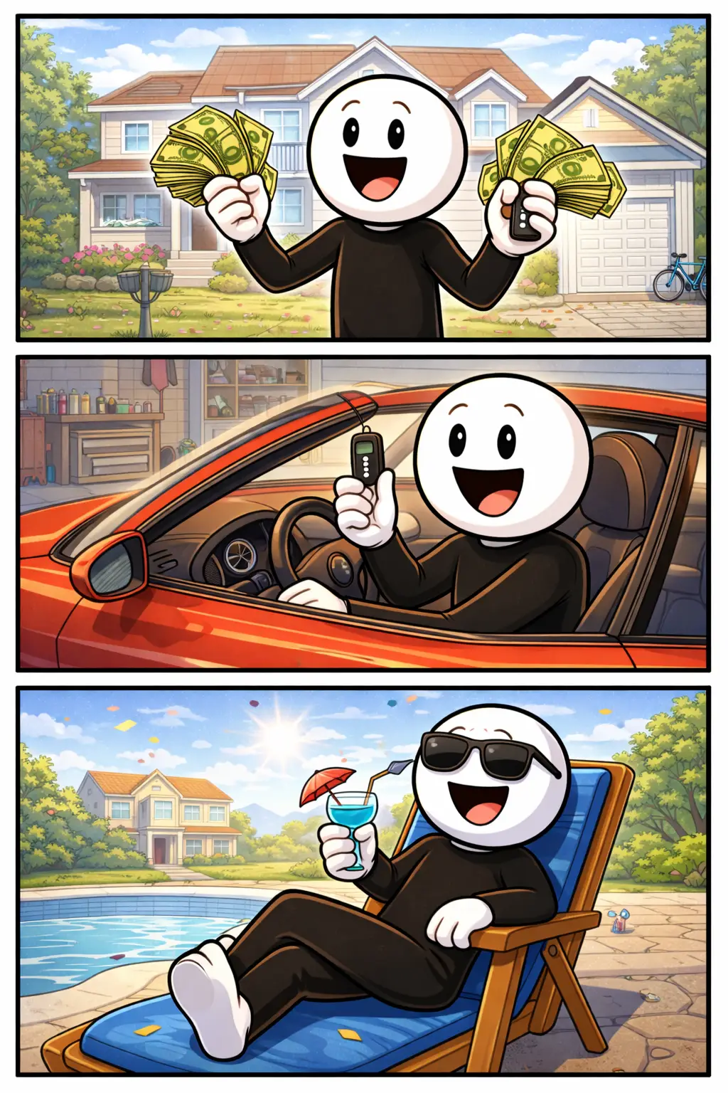 Bezit getoond met een stickman die in drie panelen verschillende vormen van eigendom laat zien.