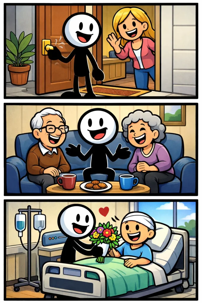 Een stripafbeelding in Toonwords-stijl van het woord bezoeken, met een stickman die in drie panelen iemand bezoekt.