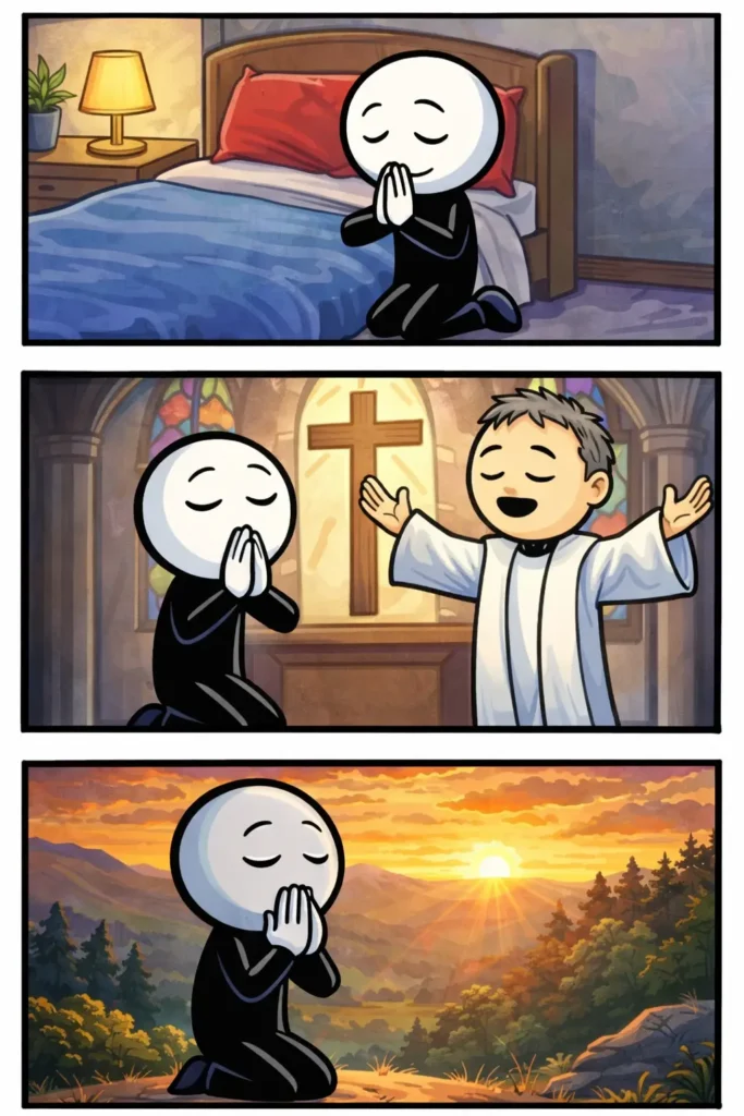 Driepanelige illustratie waarin het Nederlandse woord bidden wordt weergegeven met verschillende momenten van gebed.