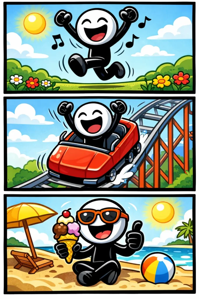 Stripafbeelding van een vrolijke stickman die springt, juicht en geniet op verschillende plekken als uitdrukking van blijdschap.