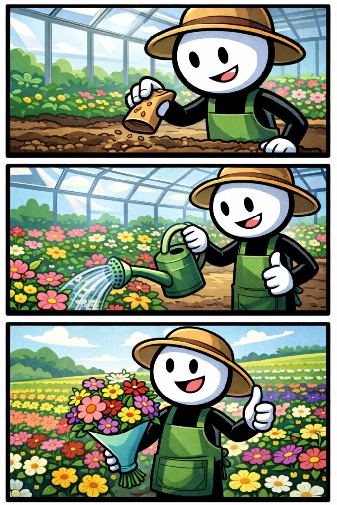 Stickman die als bloementeler werkt en bloemen verzorgt in drie Toonwords-panelen.