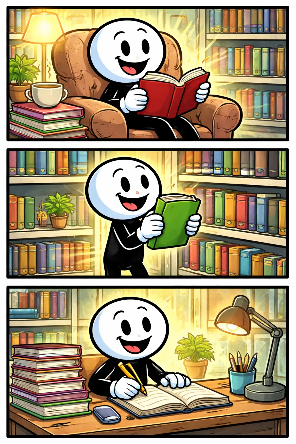 Stripafbeelding van een vrolijke stickman die in verschillende scènes met een boek bezig is in een kleurrijke bibliotheekomgeving.