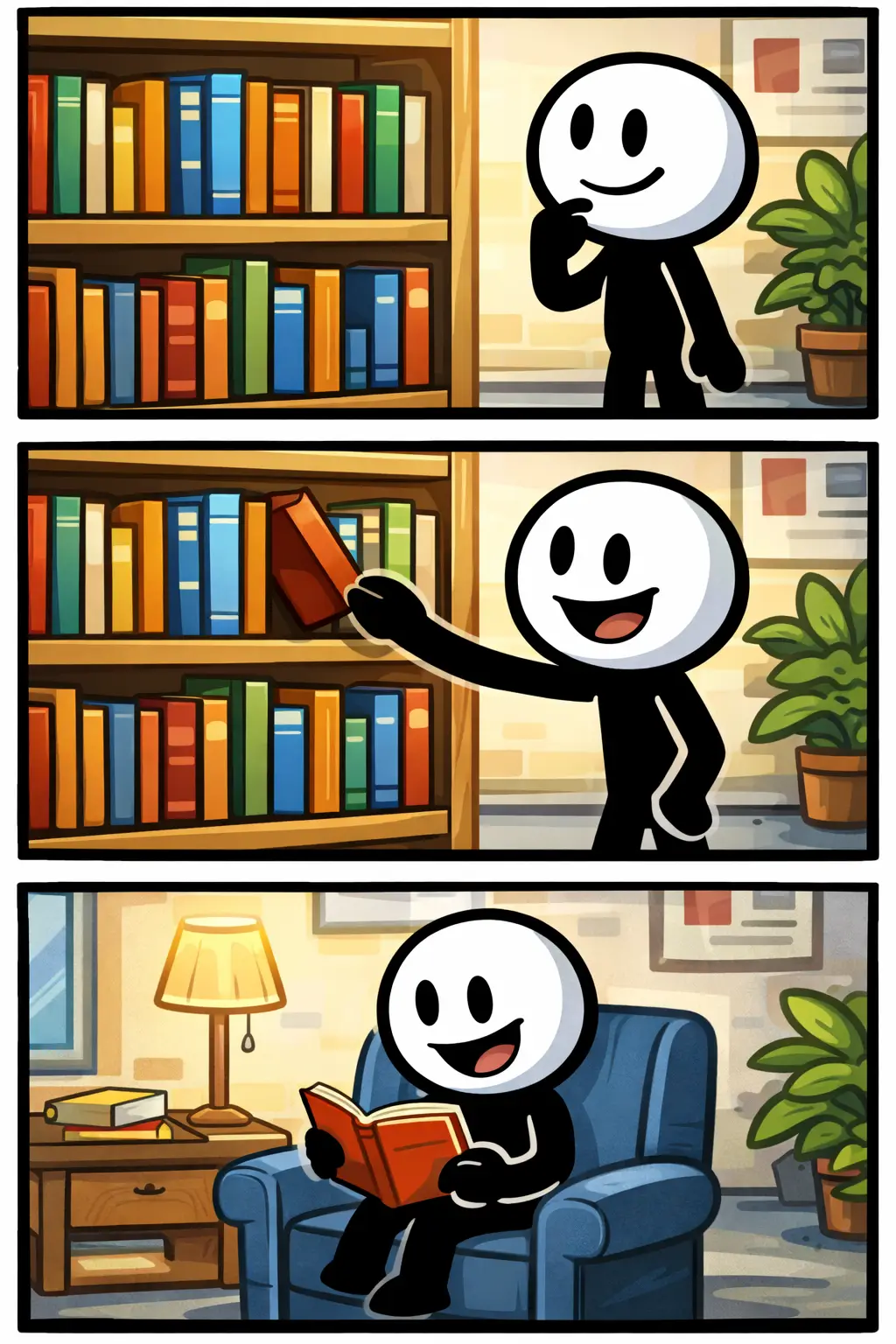 Stripafbeelding van Boekenplank waarin een stickman een boek uit de plank pakt en daarna leest in een stoel.