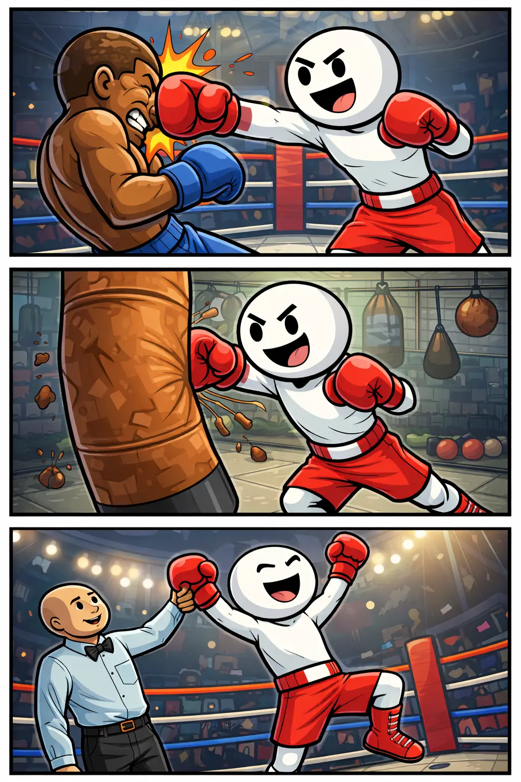 Stickman die bokst in drie panelen met verschillende acties in een sportieve boksring en trainingsruimte.