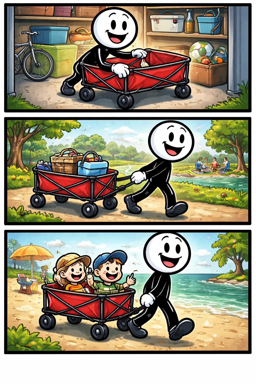 Bolderkar waarin een stickman spullen en kinderen vervoert tijdens verschillende buitenscènes.