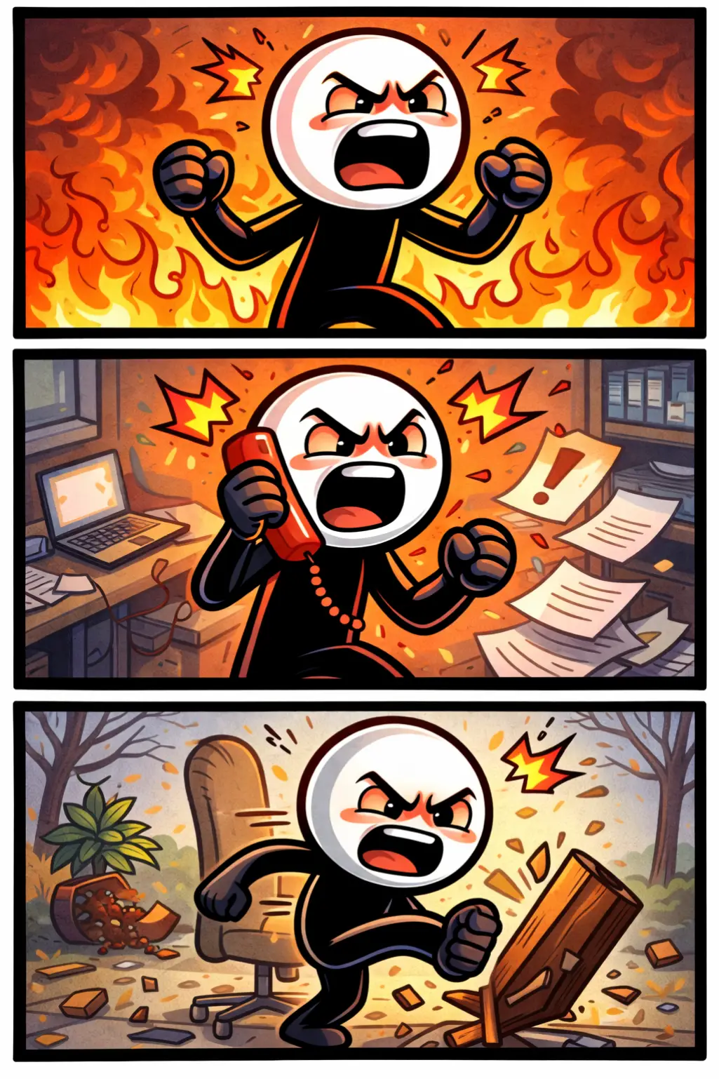 Stripafbeelding van een boze stickman in drie verschillende situaties waarin boosheid zichtbaar wordt.