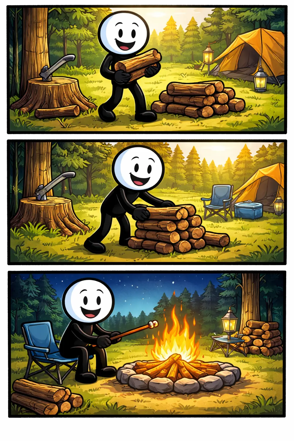 Toonwords-stickman die brandhout verzamelt en gebruikt bij een kampvuur, passend bij het woord brandhout.