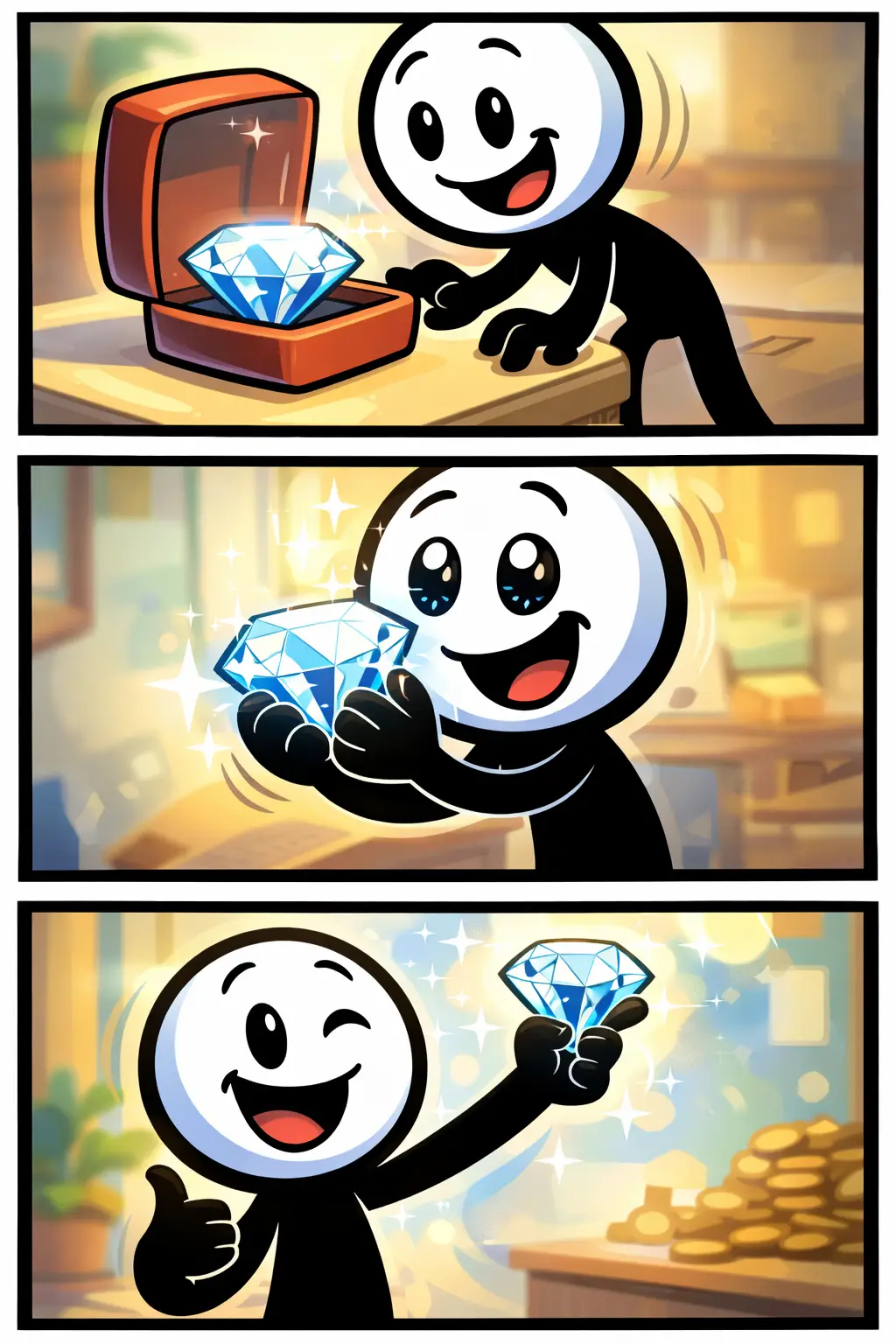 Stickman bewondert een schitterende briljant in Toonwords-stijl.