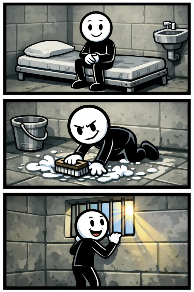 Stickman in een cel die het begrip celstraf uitbeeldt met drie verschillende scènes.