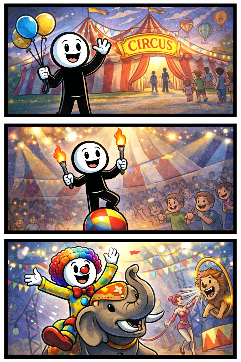 Stickman die het begrip circus uitbeeldt in drie kleurrijke scènes vol optredens en feestelijke sfeer.