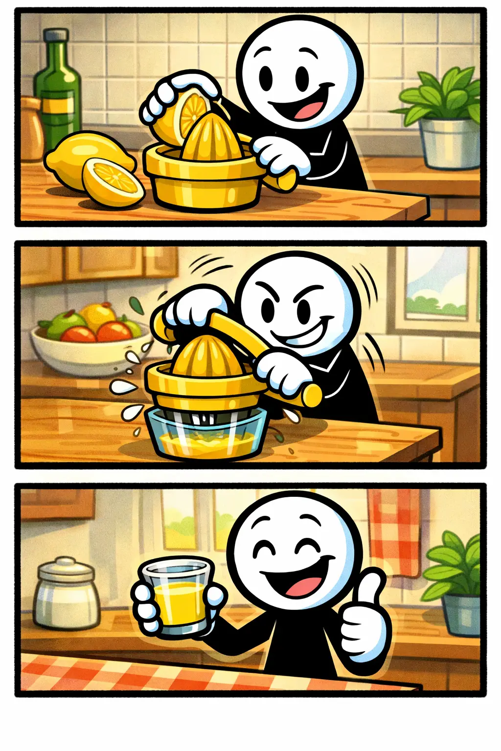 Stripafbeelding van een stickman die met een Citroenpers een halve citroen uitperst en het sap opvangt in een glas in een kleurrijke keukenomgeving.