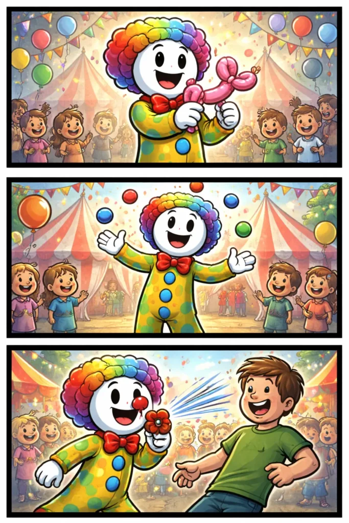 Stickman die het begrip clown uitbeeldt in drie kleurrijke scènes vol vrolijke optredens.