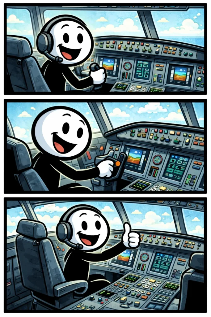 Strip in Toonwords-stijl met een cockpit waarin een vrolijke stickman verschillende handelingen uitvoert tijdens het besturen van een vliegtuig.