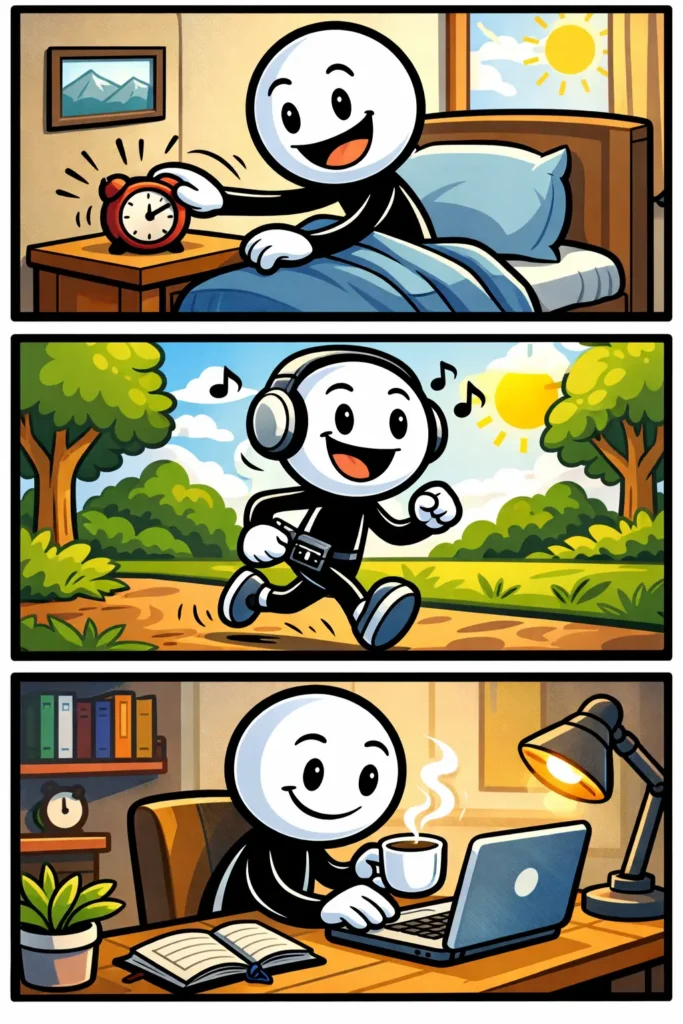 Een stripafbeelding in Toonwords-stijl over het Nederlandse woord dagritme, met drie momenten van de dag in verschillende panelen.