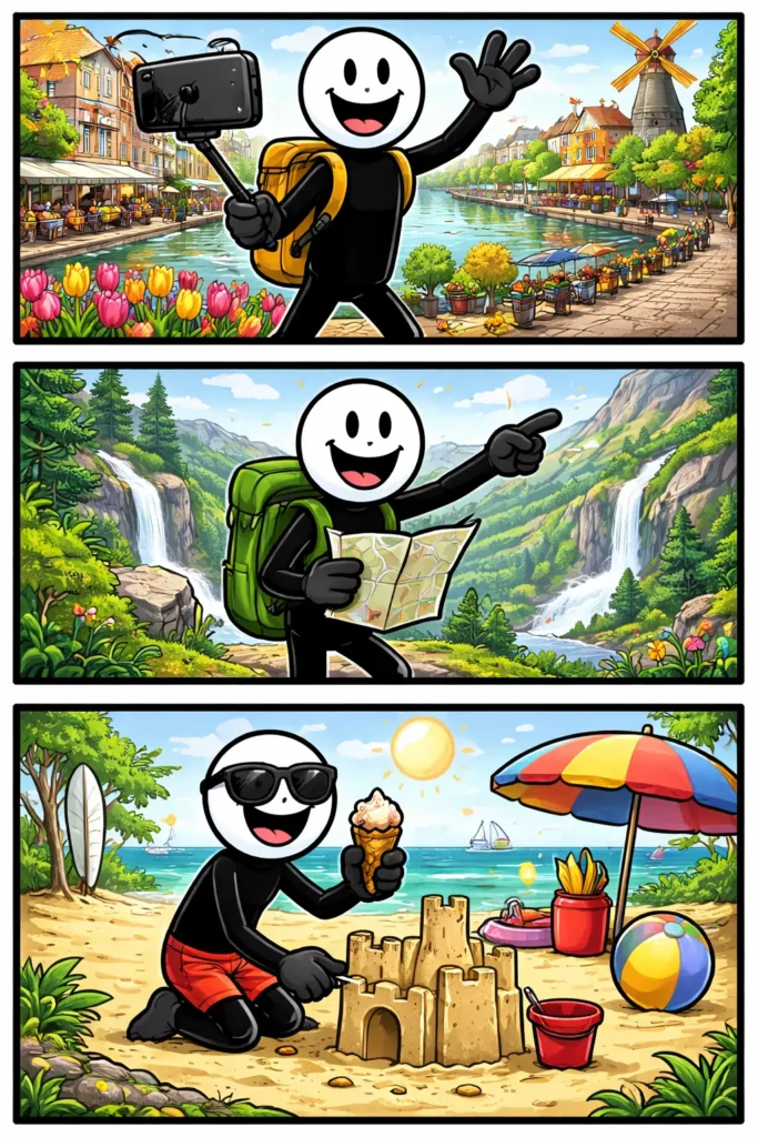 Een Toonwords-stickman die het thema dagtoerist als enkele bezoeker uitbeeldt in drie vrolijke reisscènes.