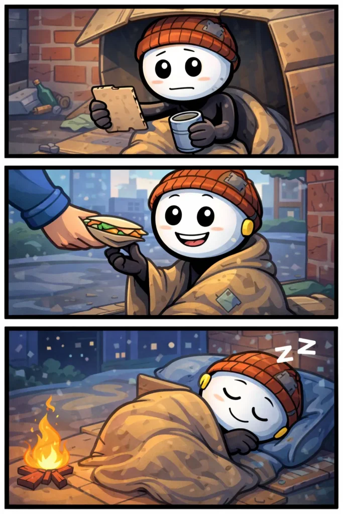 Stickman die dakloos is: in een schuilplek zitten, hulp ontvangen en later buiten slapen.