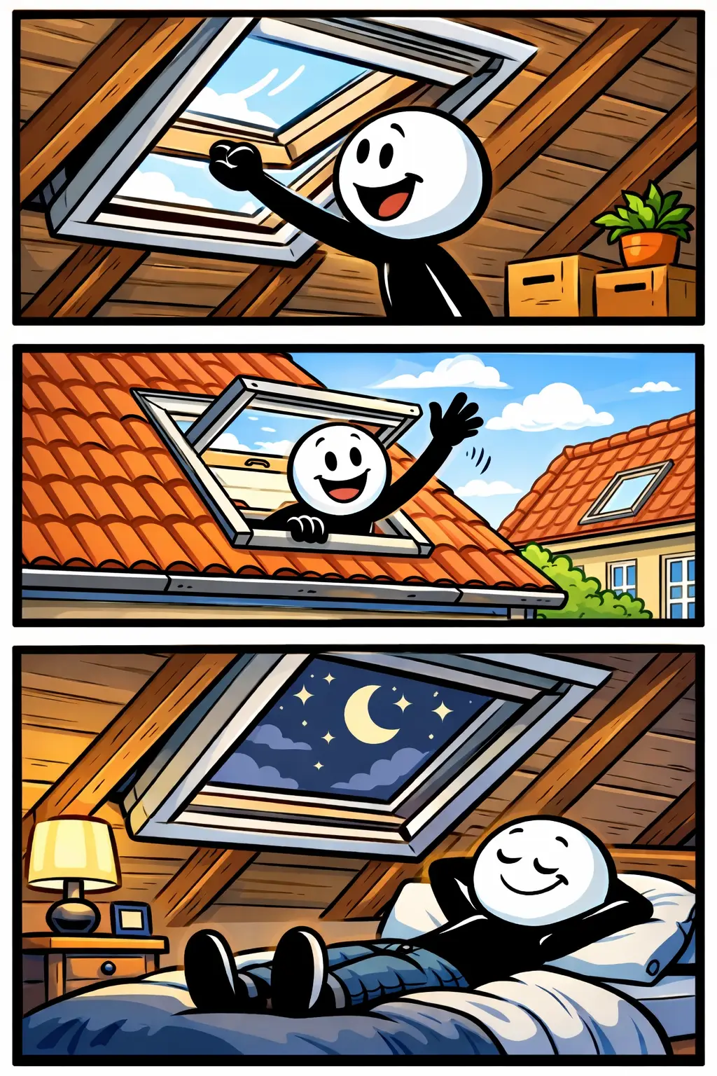 Stripafbeelding van een dakraam in een schuin dak waarbij een stickman het raam opent, naar buiten zwaait en ’s nachts onder het dakraam naar de maan kijkt.