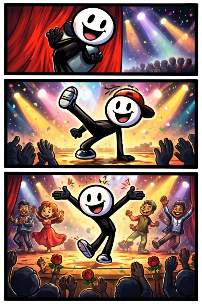 Stripafbeelding van een stickman die tijdens een dansvoorstelling op een verlicht podium danst en buigt voor het publiek.