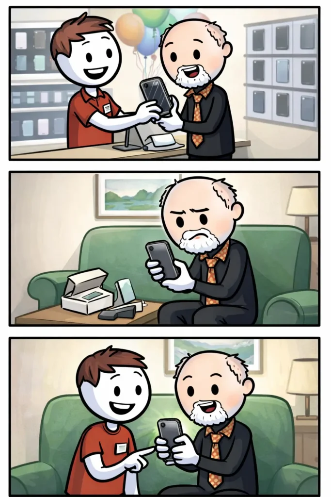 Stickman helpt met een nieuwe smartphone; de nieuwe telefoon werkt.