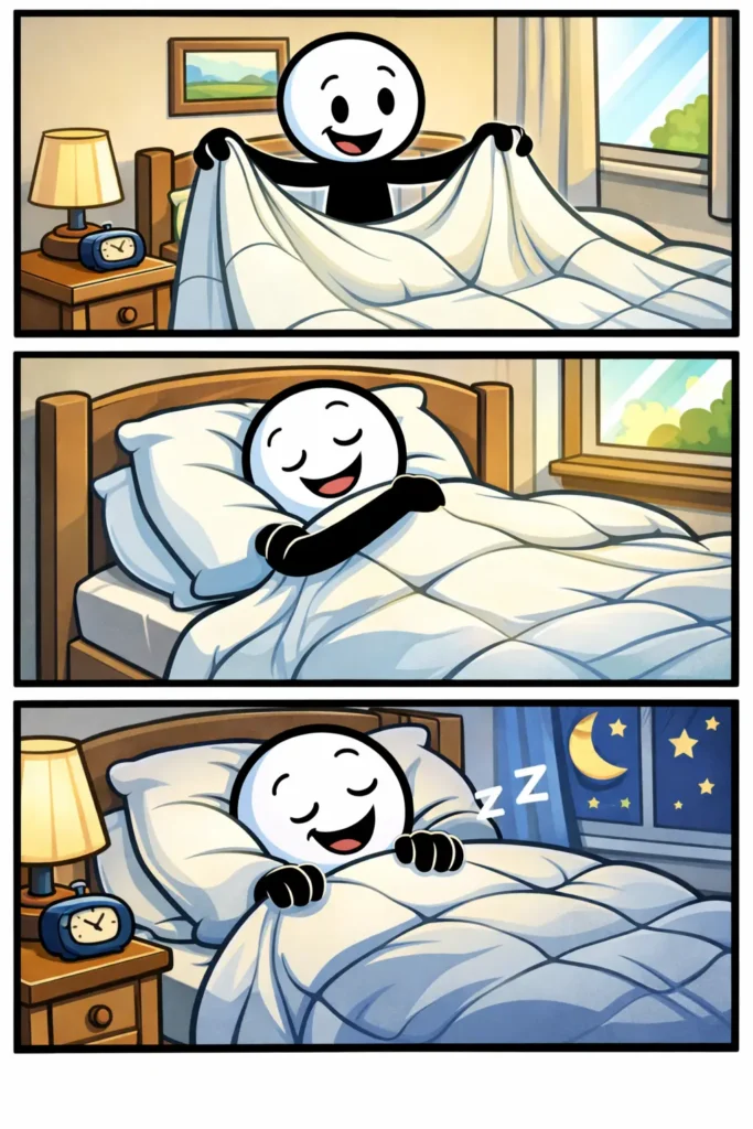 Een stickman gebruikt een dekbed in drie verschillende panelen, van opschudden tot lekker liggen en slapen.