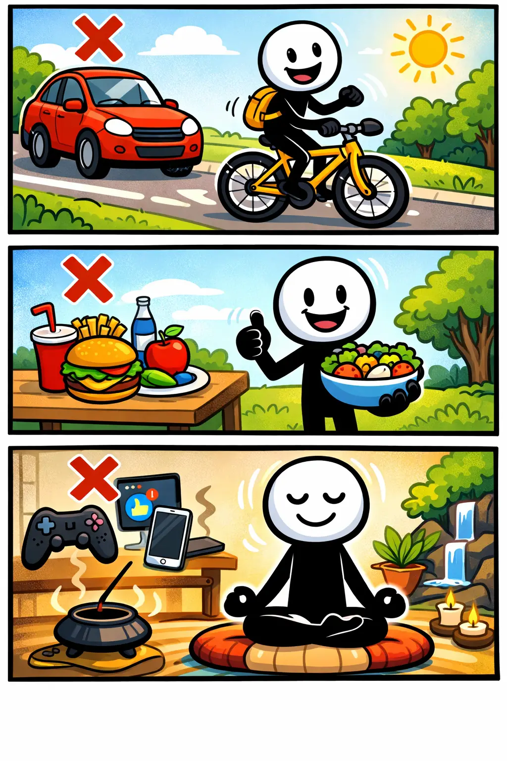 Stripafbeelding van het woord Discipline met een stickman die kiest voor fietsen, gezond eten en meditatie in plaats van verleiding.