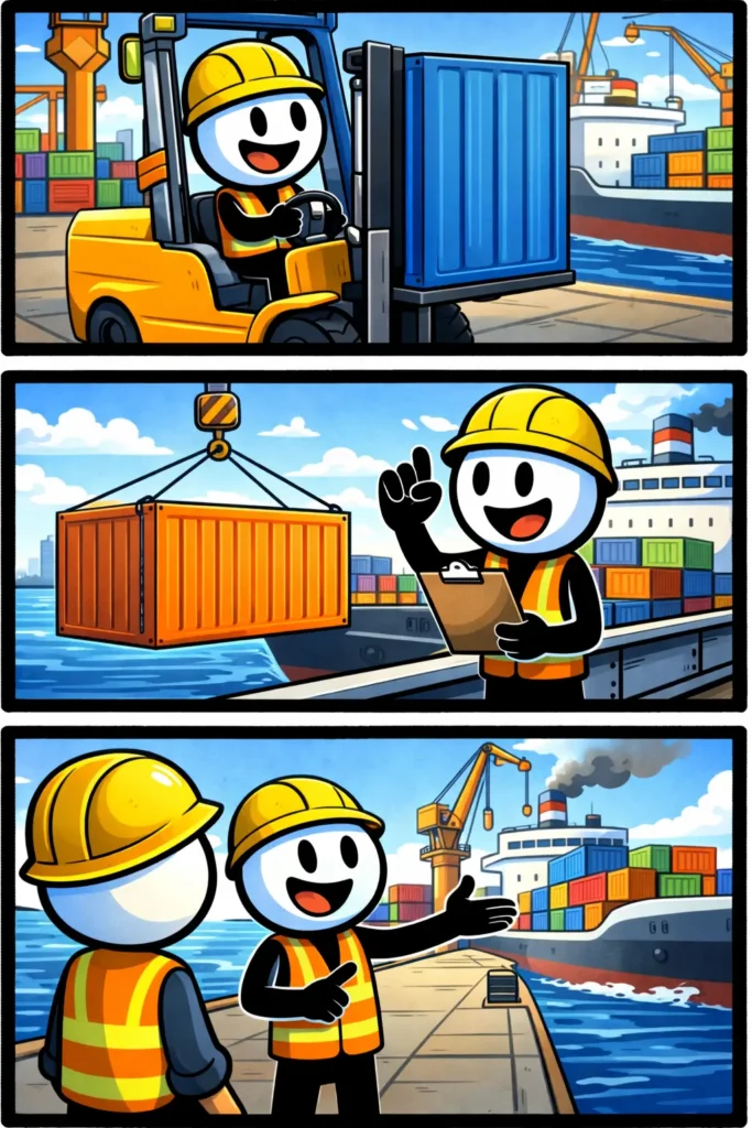 Stickman dockwerker tilt, controleert en bespreekt lading bij een haven met containers en kranen.