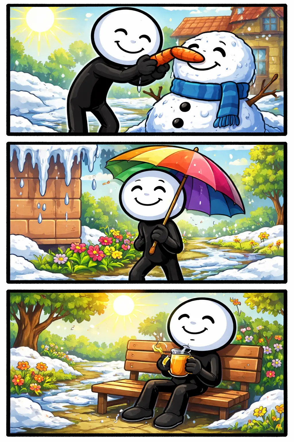 Een stripafbeelding van een stickman die in drie verschillende momenten laat zien hoe dooi optreedt.