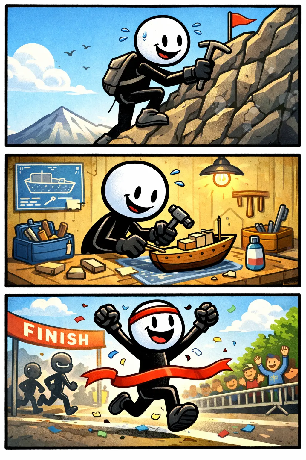 Stripafbeelding van Doorzettingsvermogen met een stickman die meerdere pogingen doet en uiteindelijk succesvol doorgaat ondanks obstakels.